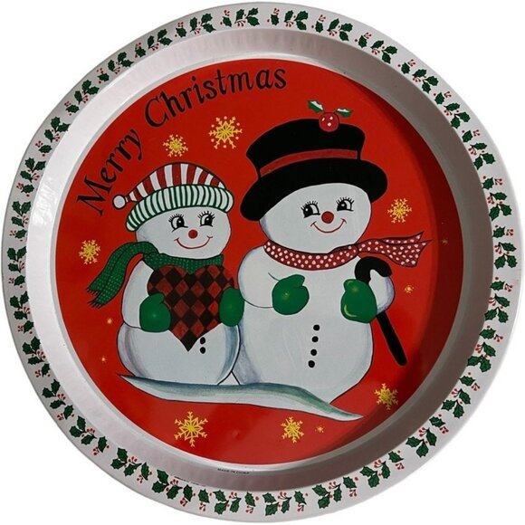 Vintage Snowman Couple Christmas Round Tin Tray, Retro Holiday Serving Dish, 12. - Picture 1 of 8